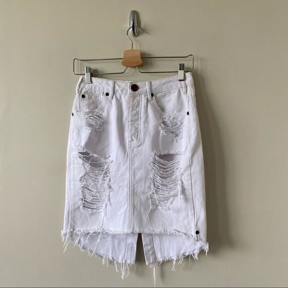 ONE Teaspoon-2020 High Waist Super Fitted Mid Length Distressed Skirt - Picture 3 of 7